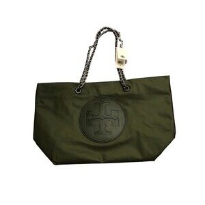 Tory Burch Ella Logo Chain Recycled Nylon Tote Shopper In Olive Green New